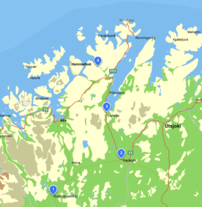Map of finnmark, numbers 1 to 4 where the museums are