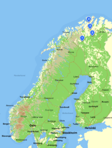 Map for Norway. sweeden and Finland. Numbers 1 top 4 where riddoDuottarMuseats museums are