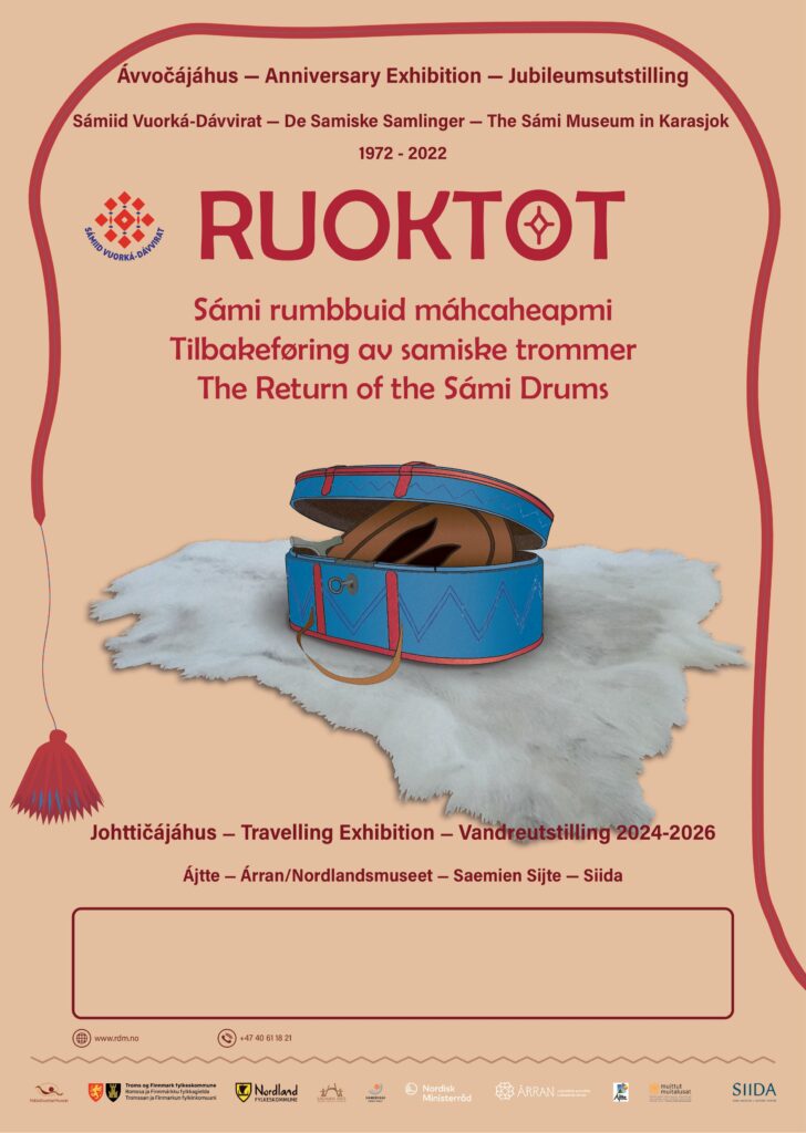 En plakat med bruk farge, med tekst og bilde av en samisk skattekiste