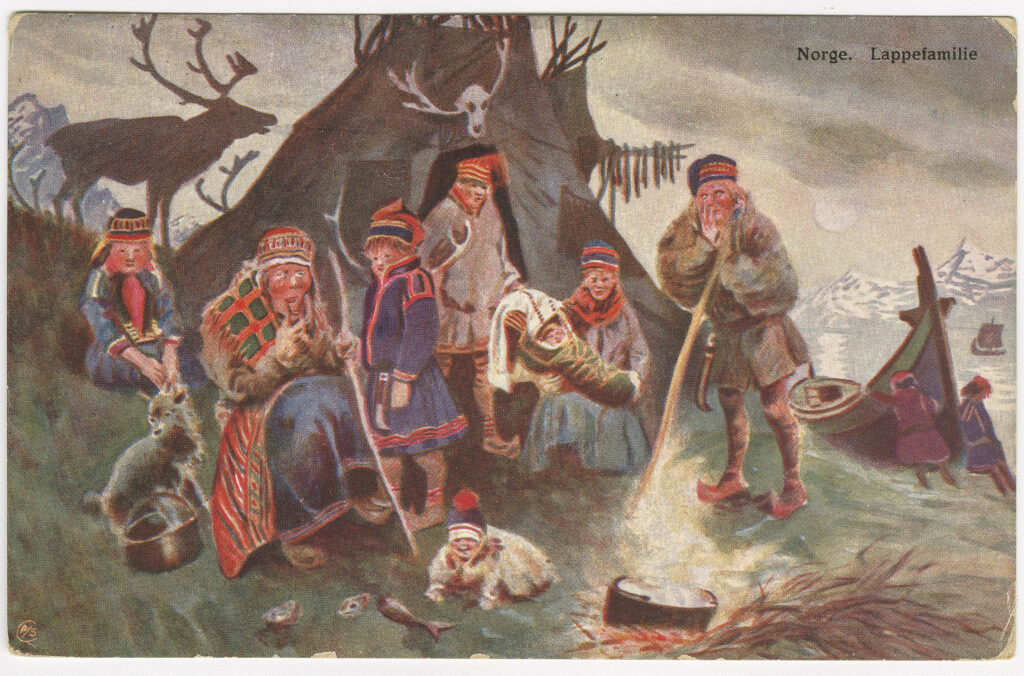 Et gammelt postkort med motiv av lavvo og mennesker i samiske klær