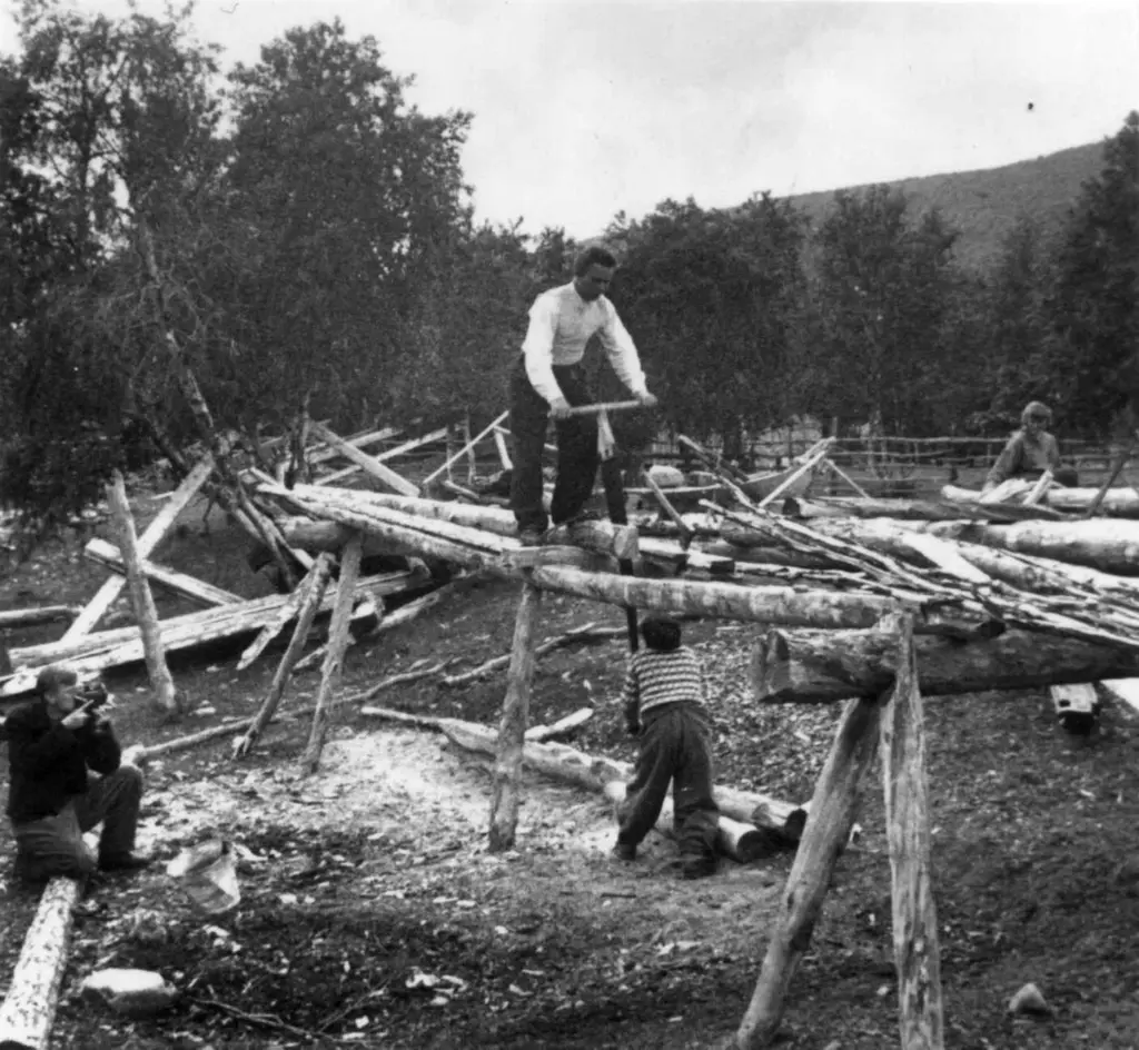 Sagstilling til Alfred Rasmus Port som bygger båt. Saging av båtbord. Karasjok, 1952.