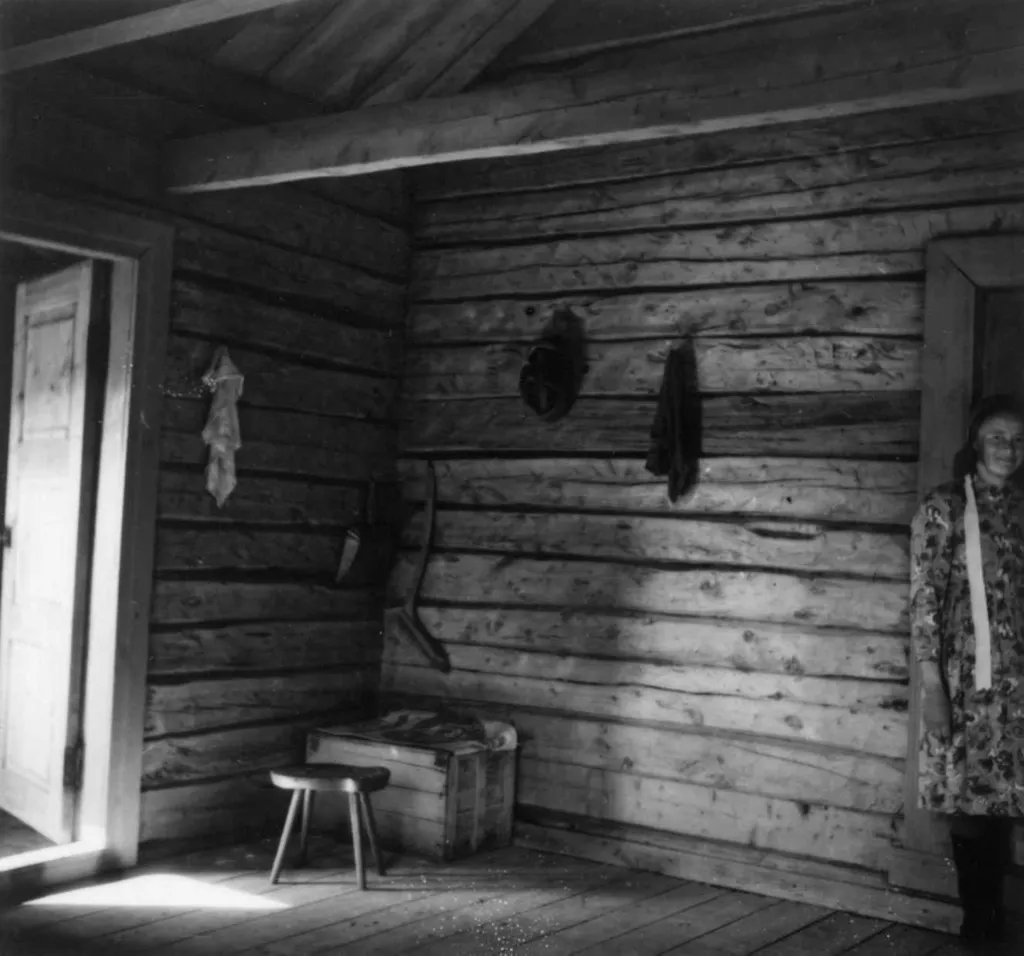 Vanligvis hentet gårdbrukerne vann fra brønna. På bildet: huset og brønnvippe til Reidar Isaksen. I bakgrunnen til venstre er det Jens Olsens hus. 